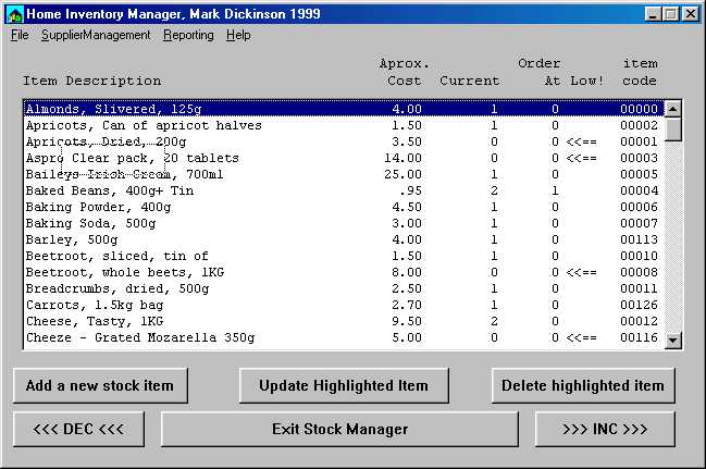 Screenshot of inventory program